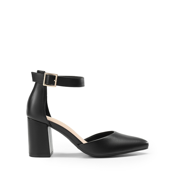 Pointed Toe Chunky Mid Heel Pumps - BLACK-PU - 1