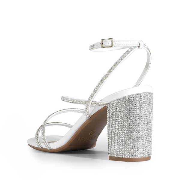 Strappy Chunky Heel Sandals - WHITE-RHINESTONE - 2