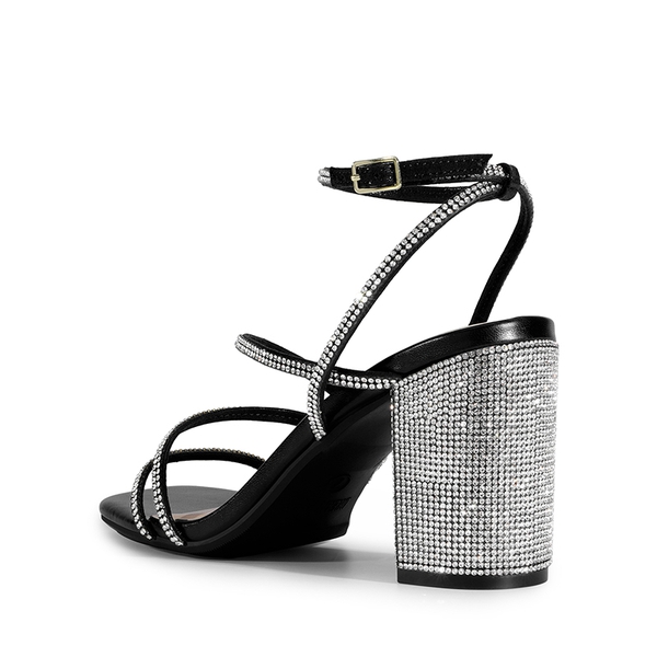 Strappy Chunky Heel Sandals - BLACK-RHINESTONE - 2