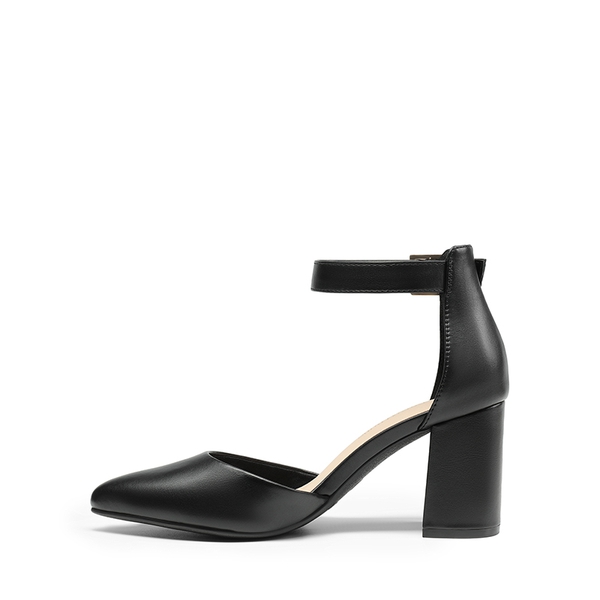 Pointed Toe Chunky Mid Heel Pumps - BLACK-PU - 2