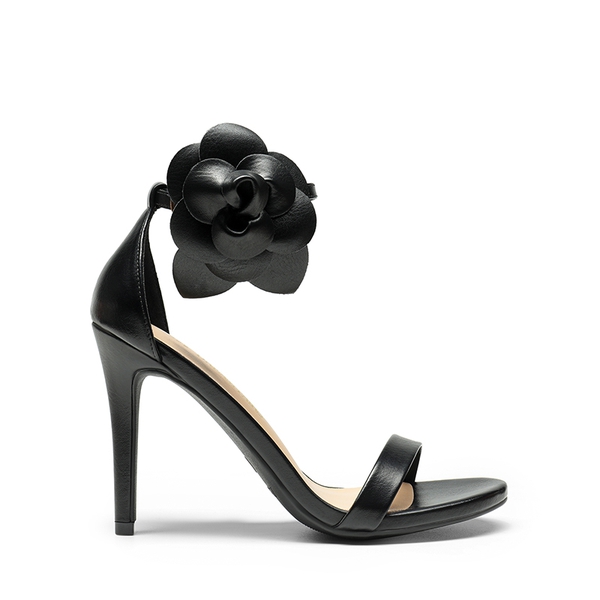 Floral Stiletto Heel Sandals - BLACK-PU - 4