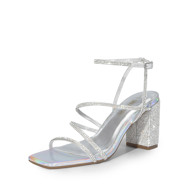 Strappy Chunky Heel Sandals - SILVER-RHINESTONE -  0