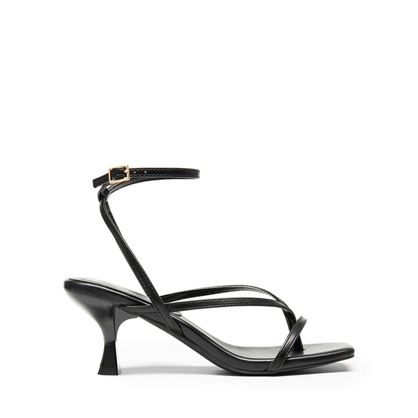 Square Toe Strappy Kitten Heels - BLACK-PU - 3