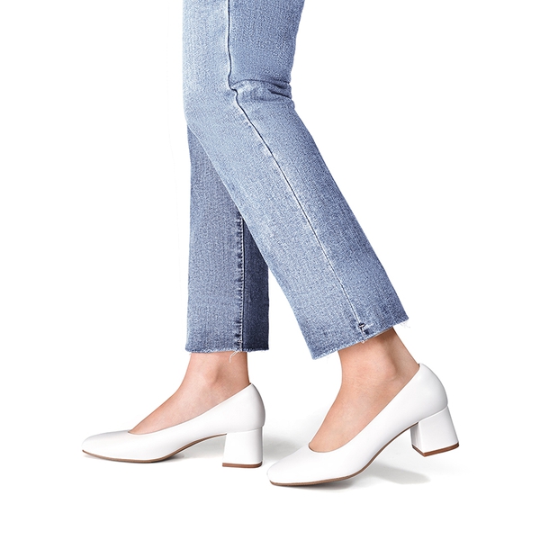 Square Toe Low Chunky Pumps  - WHITE - 4