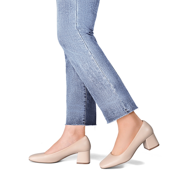 Square Toe Low Chunky Pumps  - NUDE - 4