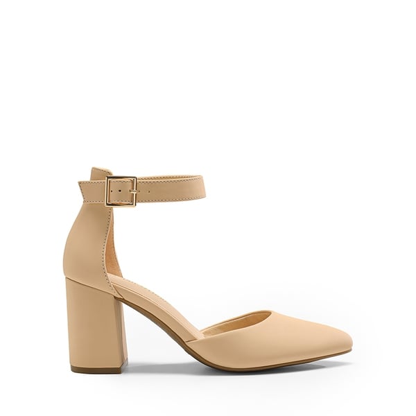 Pointed Toe Chunky Mid Heel Pumps - NUDE-NUBUCK - 1