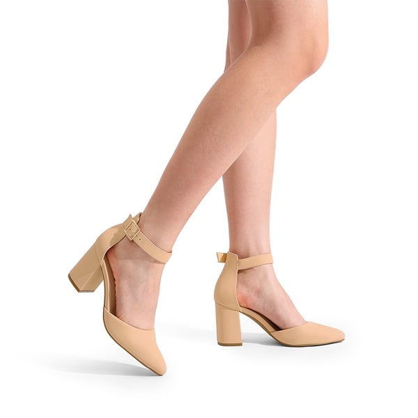 Pointed Toe Chunky Mid Heel Pumps - NUDE-NUBUCK - 6