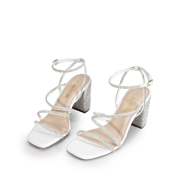 Strappy Chunky Heel Sandals - WHITE-RHINESTONE - 4