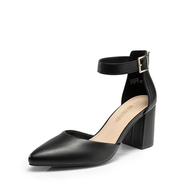 Pointed Toe Chunky Mid Heel Pumps - BLACK-PU -  0