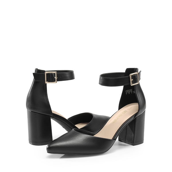 Pointed Toe Chunky Mid Heel Pumps - BLACK-PU - 4