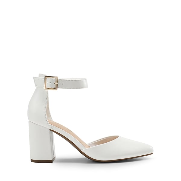Pointed Toe Chunky Mid Heel Pumps - WHITE-PU - 1