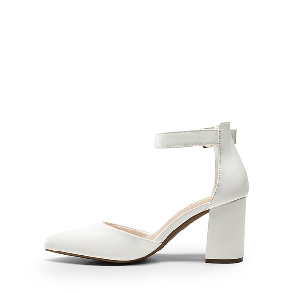 Pointed Toe Chunky Mid Heel Pumps - WHITE-PU - 2