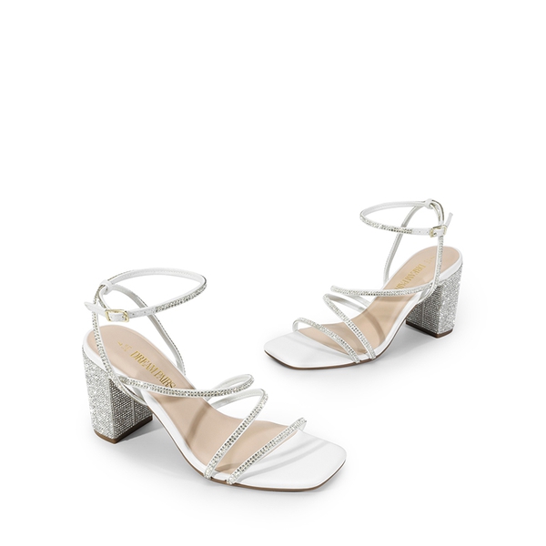 Strappy Chunky Heel Sandals - WHITE-RHINESTONE - 3