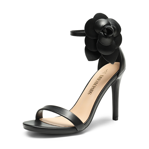 Floral Stiletto Heel Sandals - BLACK-PU -  0