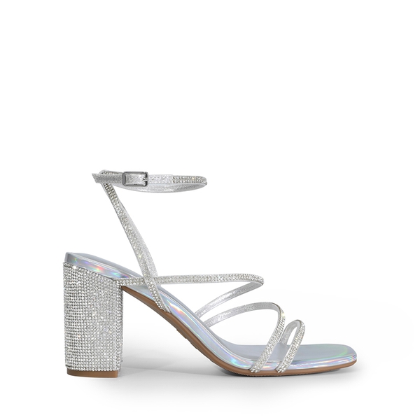 Strappy Chunky Heel Sandals - SILVER-RHINESTONE - 1