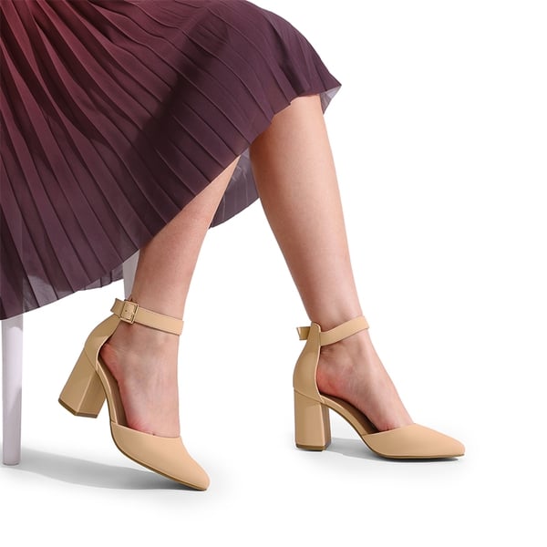 Pointed Toe Chunky Mid Heel Pumps - NUDE-NUBUCK - 5