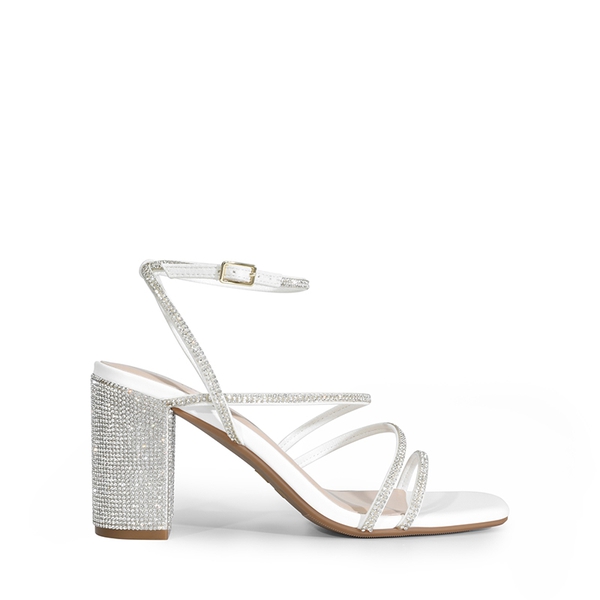 Strappy Chunky Heel Sandals - WHITE-RHINESTONE - 1