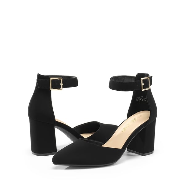 Pointed Toe Chunky Mid Heel Pumps - BLACK-NUBUCK - 4