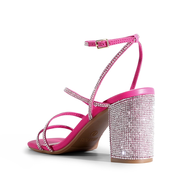 Strappy Chunky Heel Sandals - HOT PINK-RHINESTONE - 2