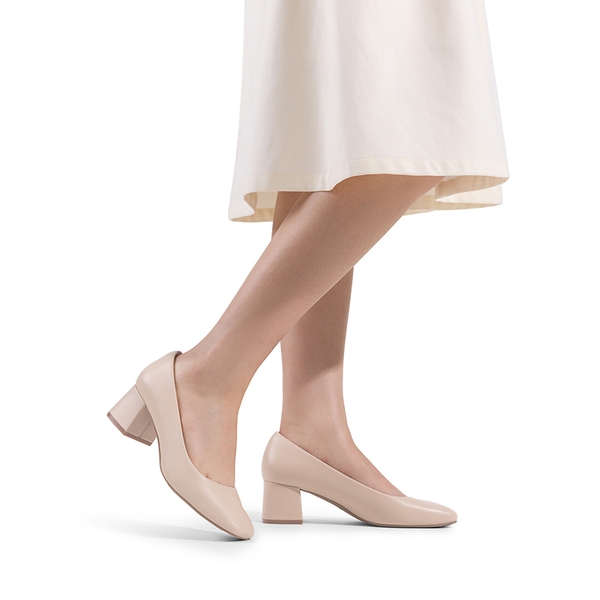 Square Toe Low Chunky Pumps  - NUDE - 5