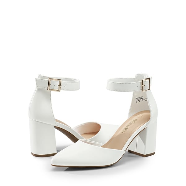 Pointed Toe Chunky Mid Heel Pumps - WHITE-PU - 4