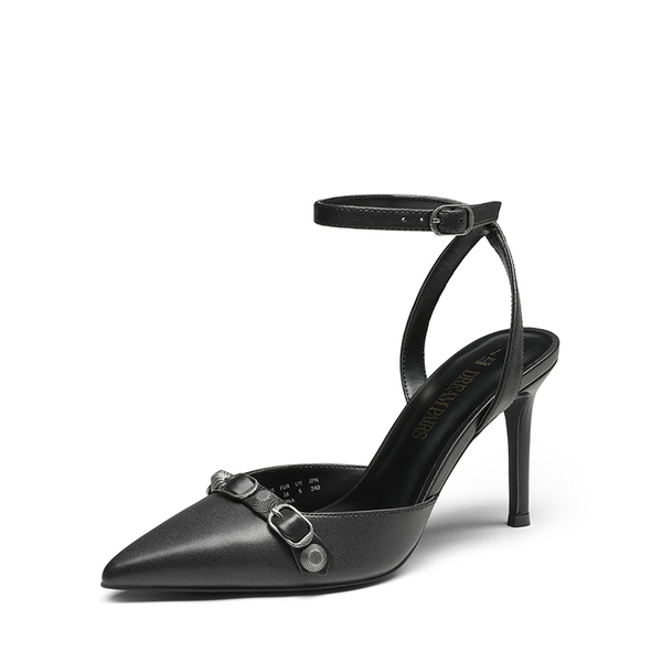 Pointed Toe Chic Ankle Strap Stiletto Pumps - BLACK-PU -  0