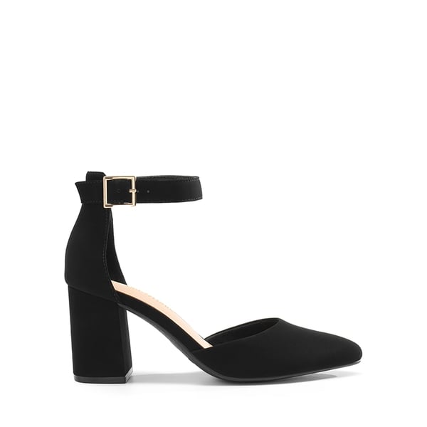 Pointed Toe Chunky Mid Heel Pumps - BLACK-NUBUCK - 1