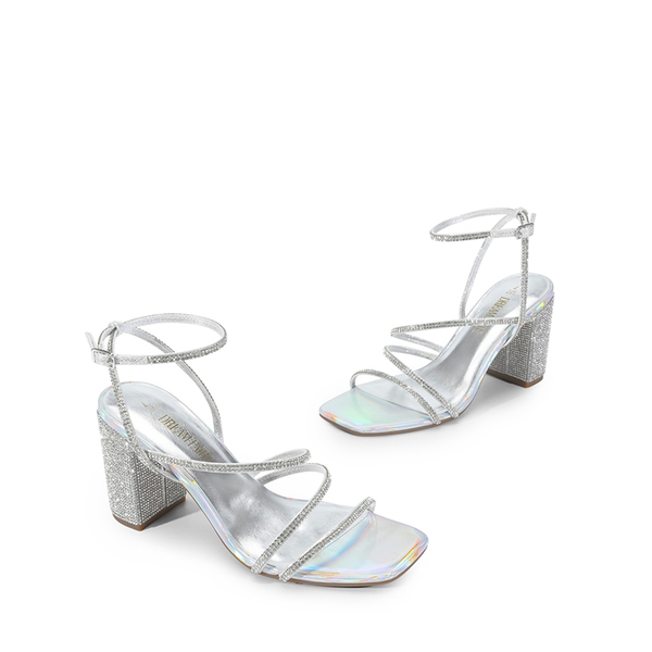 Strappy Chunky Heel Sandals - SILVER-RHINESTONE - 3