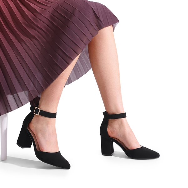 Pointed Toe Chunky Mid Heel Pumps - BLACK-NUBUCK - 5