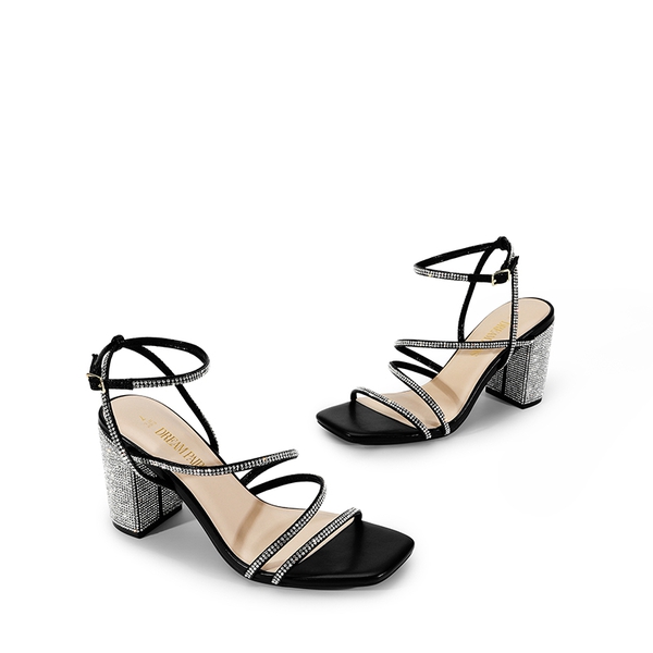 Strappy Chunky Heel Sandals - BLACK-RHINESTONE - 3