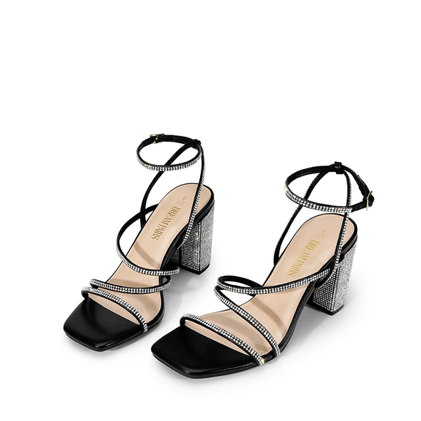 Strappy Chunky Heel Sandals - BLACK-RHINESTONE - 4