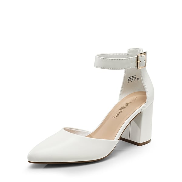 Pointed Toe Chunky Mid Heel Pumps - WHITE-PU -  0
