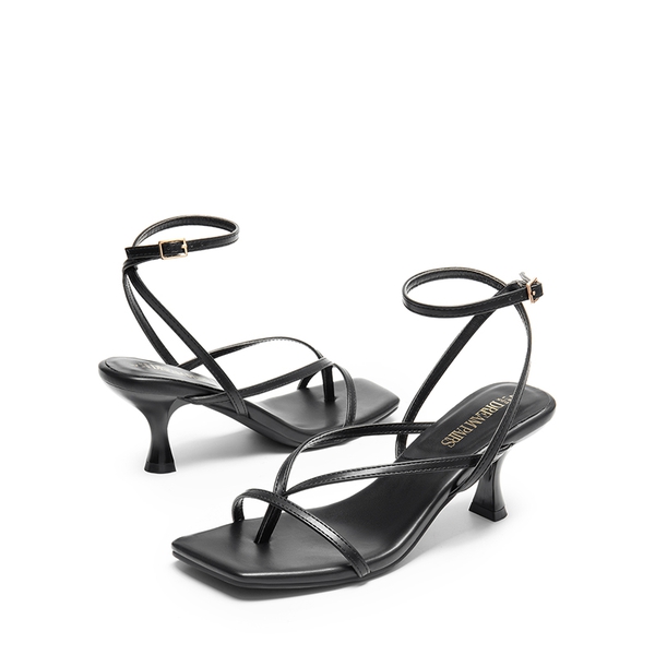 Square Toe Strappy Kitten Heels - BLACK-PU - 4