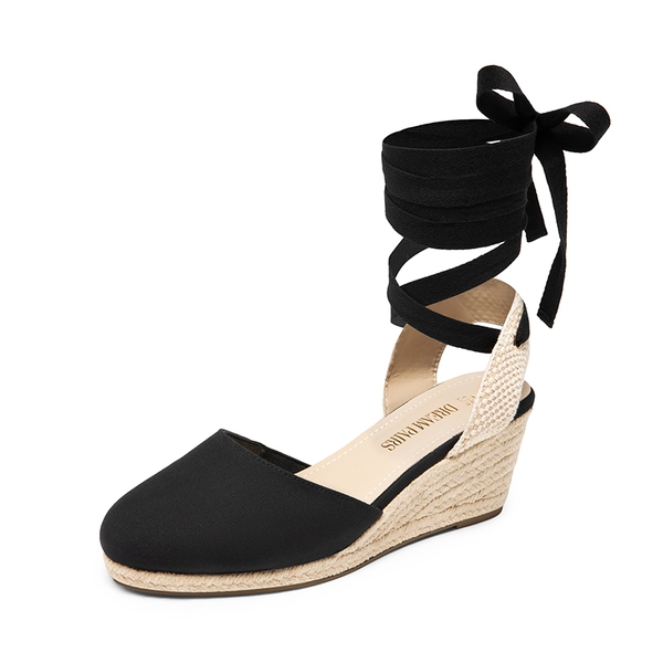 Lace Up Espadrilles Wedge Sandals - BLACK-CANVAS -  0