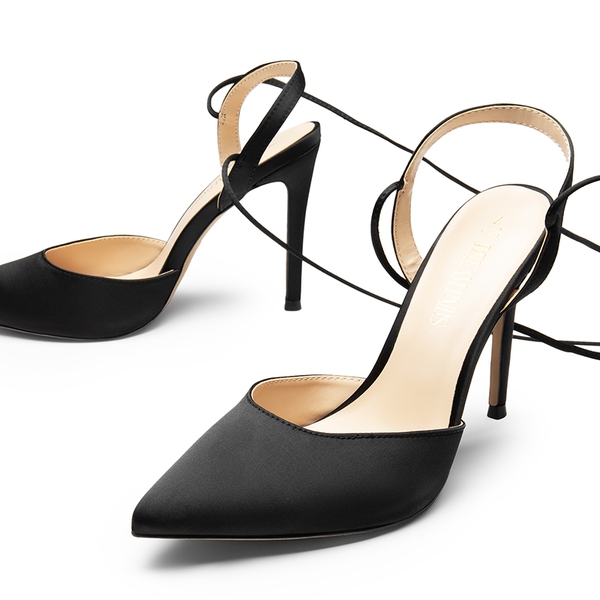 Lace-Up High Stilleto Pumps - BLACK-SATIN - 3