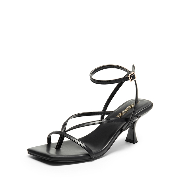 Square Toe Strappy Kitten Heels - BLACK-PU -  0