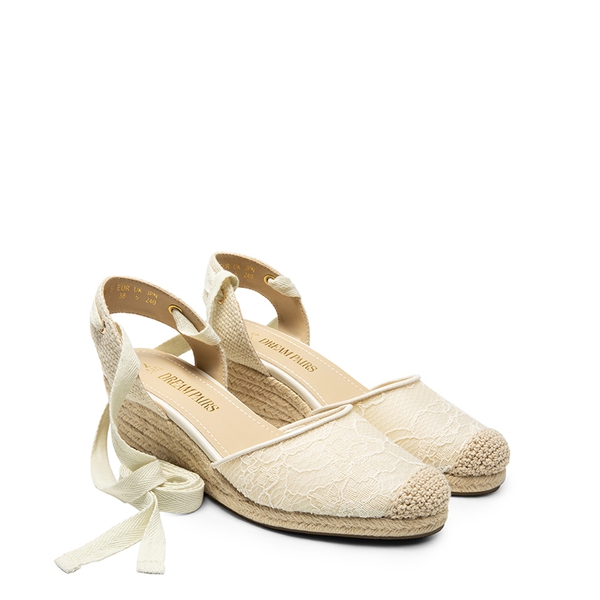 Lace Up Espadrilles Wedge Sandals - WHITE-LACE - 5