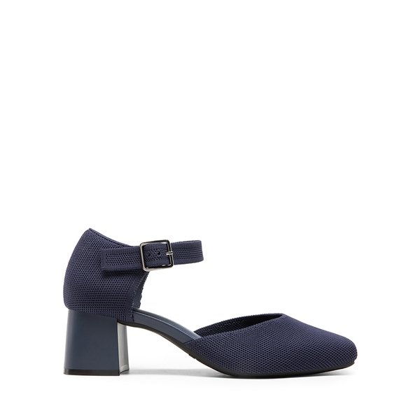 Square Toe Knitted Block Heel Pumps - NAVY - 1