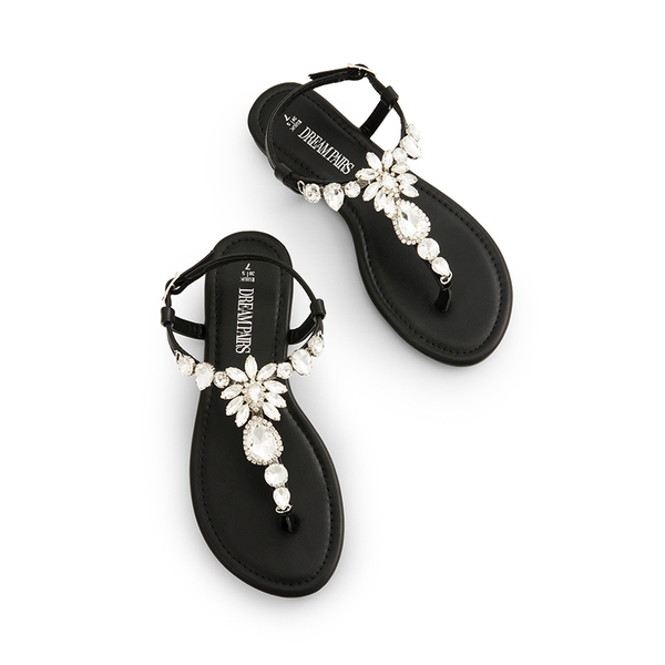 Rhinestone T-Strap Flat Sandals - BLACK - 3