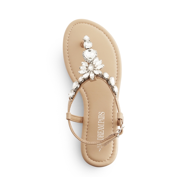 Rhinestone T-Strap Flat Sandals - NUDE - 2