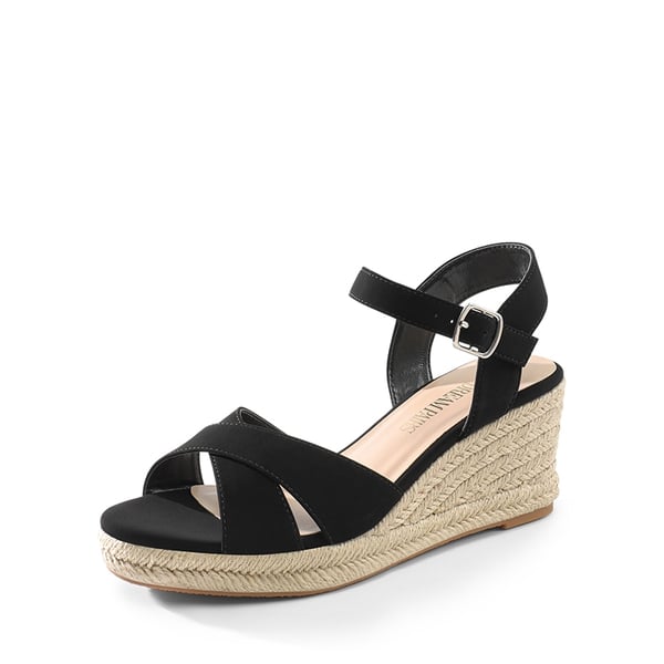 Espadrille Criss Cross Wedge Sandals - BLACK-NUBUCK -  0
