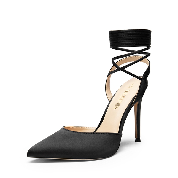 Lace-Up High Stilleto Pumps - BLACK-SATIN -  0