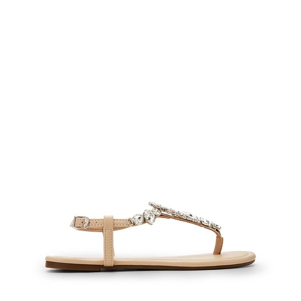 Rhinestone T-Strap Flat Sandals - NUDE - 1