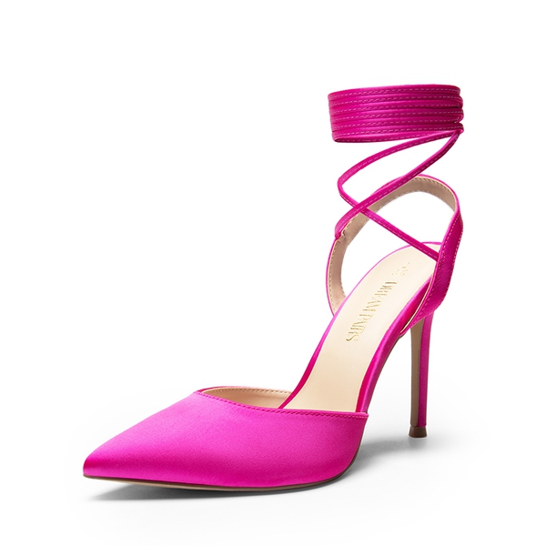 Lace-Up High Stilleto Pumps - HOT PINK-SATIN -  0
