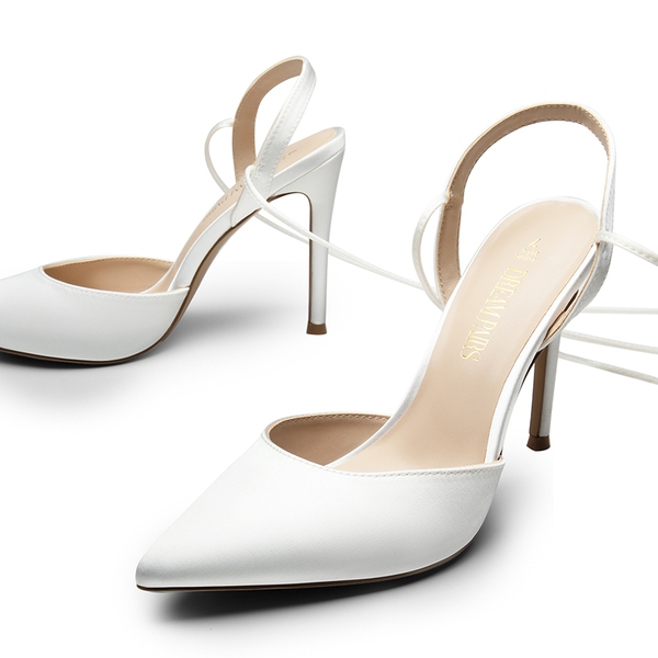 Lace-Up High Stilleto Pumps - WHITE-SATIN - 3