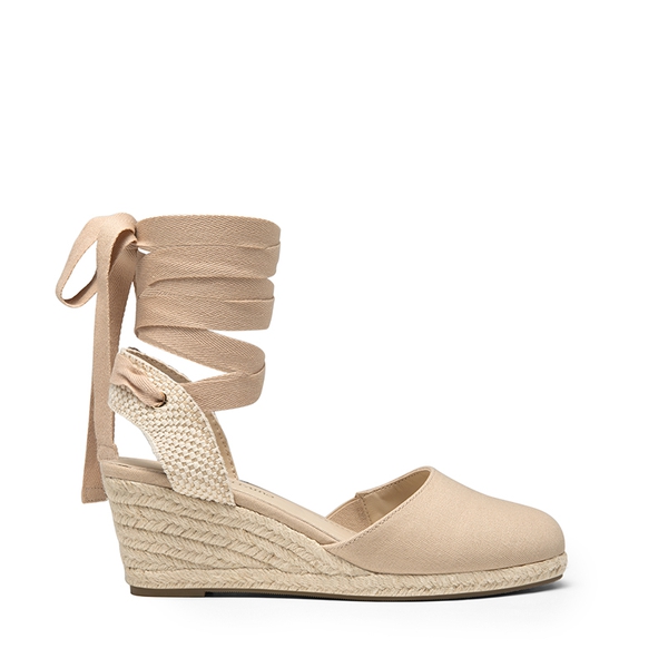 Lace Up Espadrilles Wedge Sandals - NUDE-CANVAS - 4