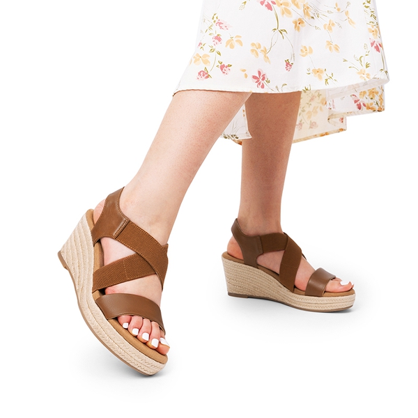 Elastic Ankle Strap Espadrille Wedge Sandals - CAMEL-PU - 1