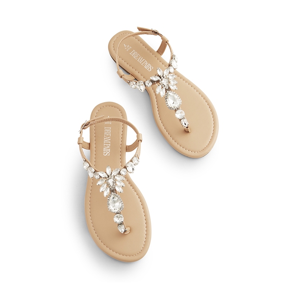 Rhinestone T-Strap Flat Sandals - NUDE - 3