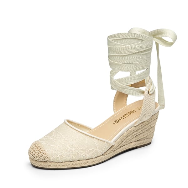 Lace Up Espadrilles Wedge Sandals - WHITE-LACE -  0