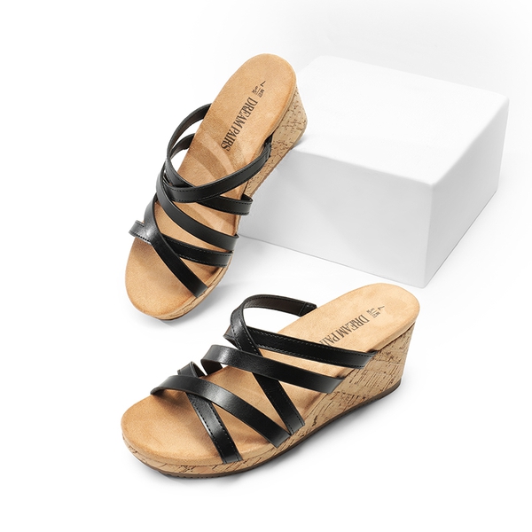 Velvety Layer Strappy Wedge Sandals - BLACK - 6